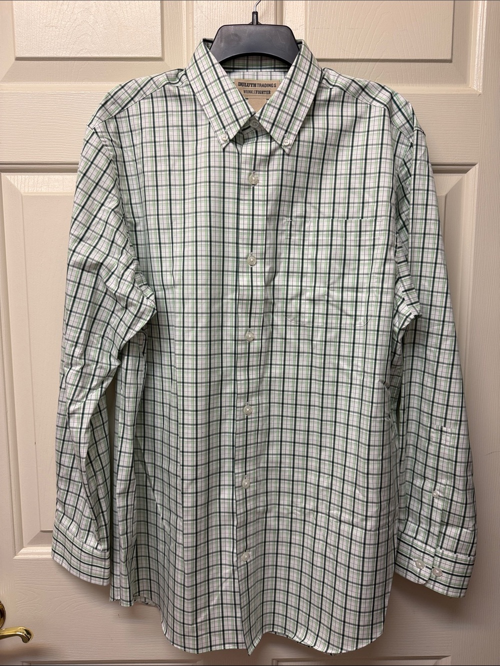 Duluth Trading Co White Shirt with Green Plaid